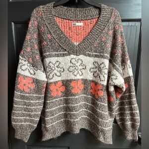 So Pullover V-neck Long Sleeve Sweater Brown, Ivory, & Coral Juniors Size XL